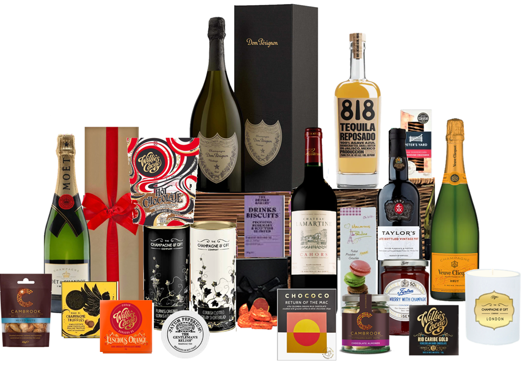 Prestige wicker hamper with Dom Pérignon, Veuve Clicquot and Moët Champagne, tequila, port, fine wine and luxury treats