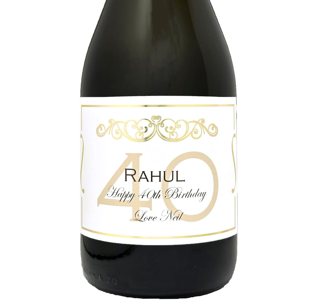 Bottle of Prosecco with a personalised 40th birthday label in gold, showing a name and Happy 40th Birthday message