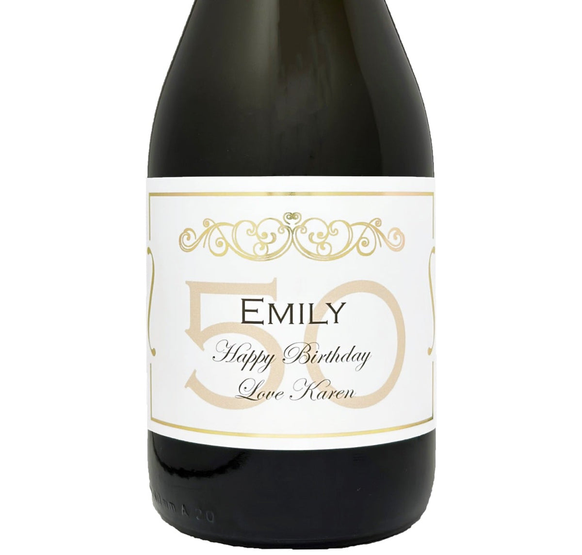 Bottle of Prosecco with a personalised 50th birthday label in gold, showing a name and Happy 50th Birthday message