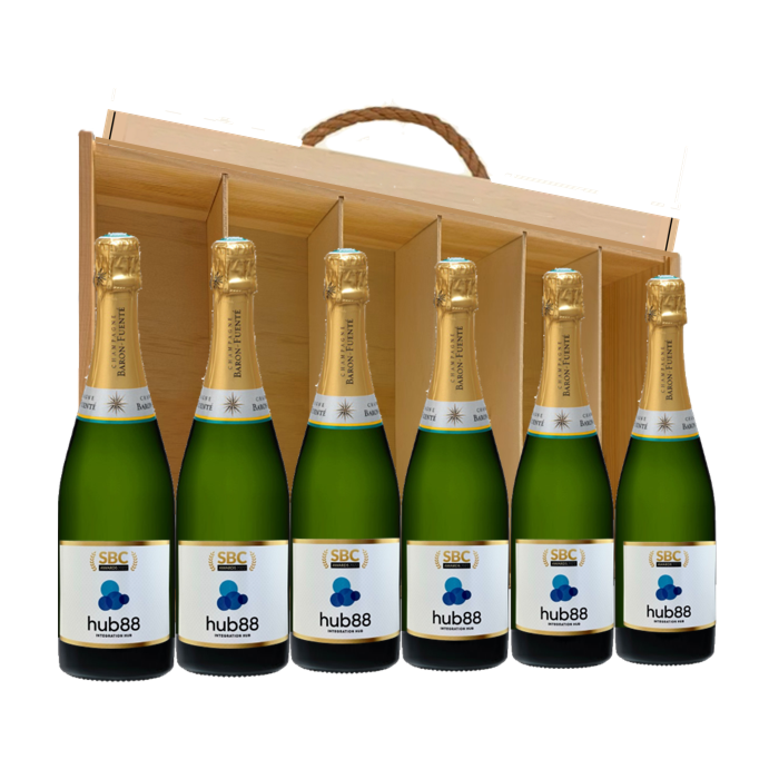 Corporate branded case of six Classic Cuvée Champagne bottles, each carrying your company logo, presented in a classic wooden gift case