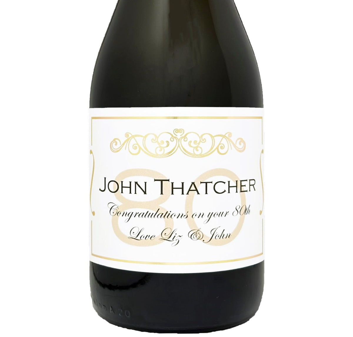 Bottle of Prosecco with a personalised 80th birthday label in gold, showing a name and Happy 80th Birthday message