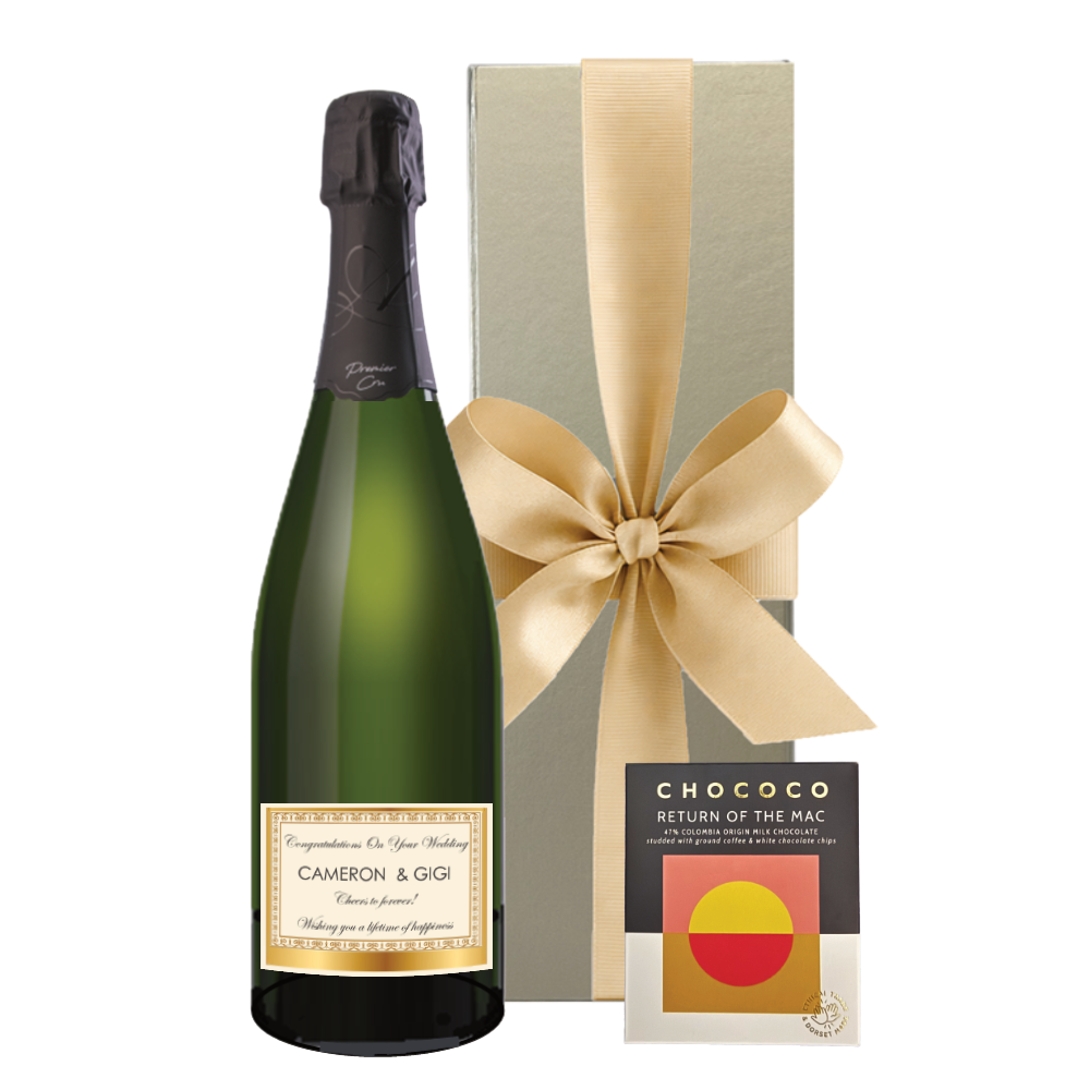 Corporate branded Premier Cru Champagne with your company logo, presented in a decorative gold gift box with Colombian crushed coffee chocolate