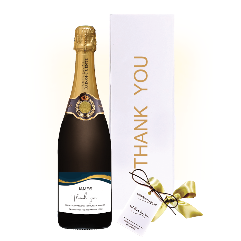 Personalised Thank You Champagne gift beside a white gold-lettered Thank You gift box with a large hand-tied bow