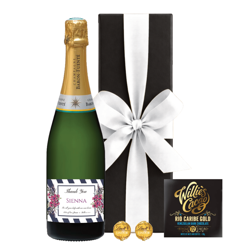 Personalised Champagne with a floral Thank You label, black gift box with white bow, Willie's Cacao bar and Lindor truffles.