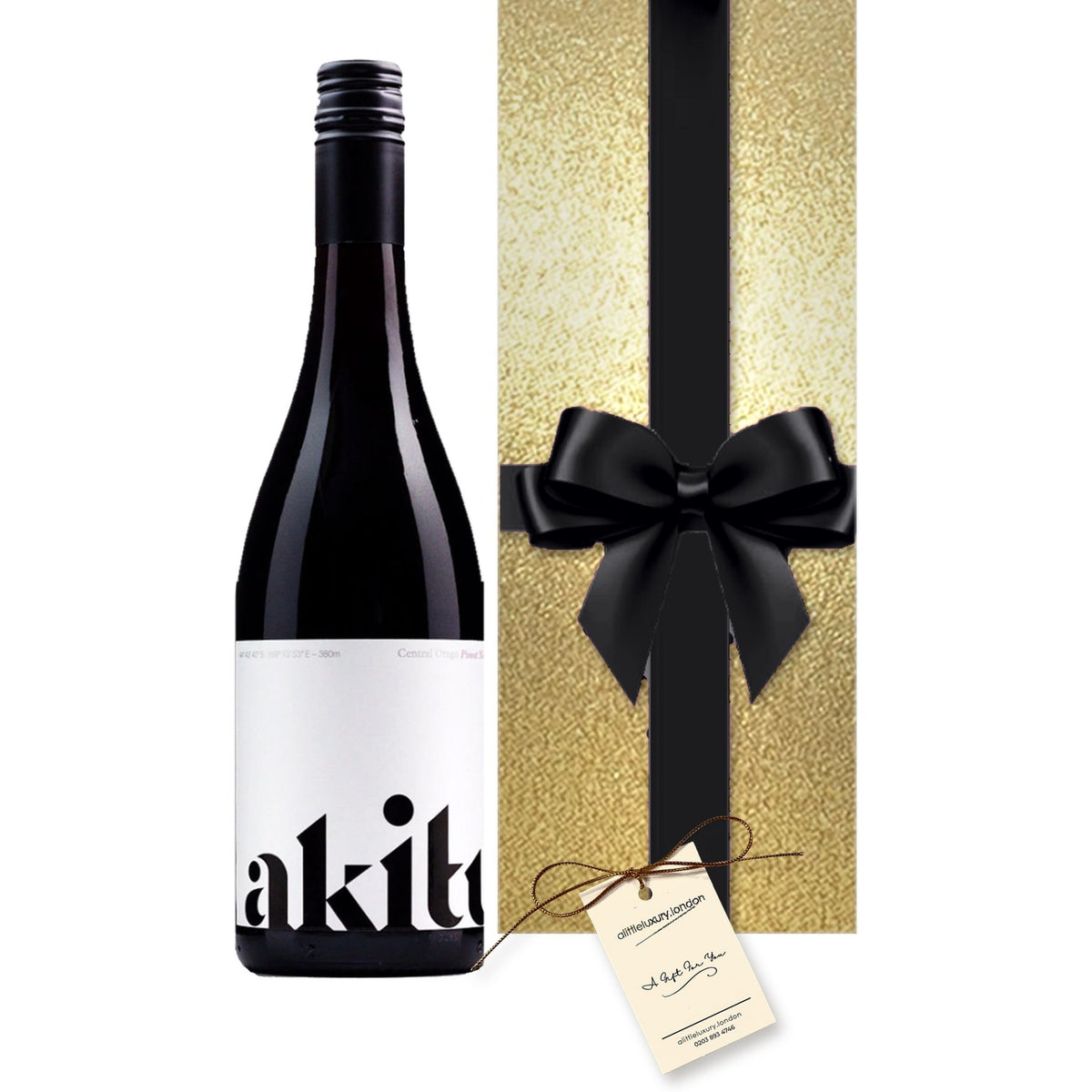 Akitu A2 Pinot Noir, Central Otago hand gift-wrapped in Classic Gold wrap with an A Little Luxury gift tag