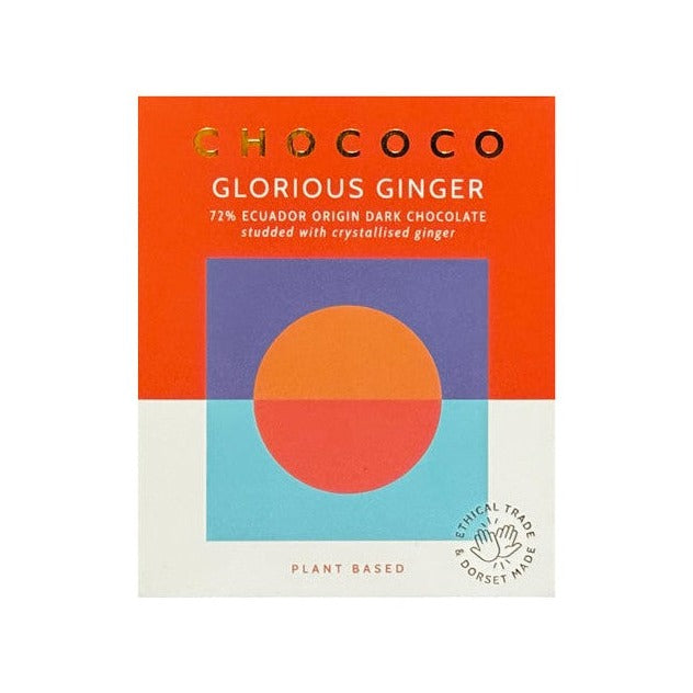 Chococo Glorious Ginger dark chocolate bar in an orange and purple wrapper
