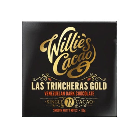 Willie's Cacao Las Trincheras Gold 72% Venezuelan dark chocolate bar in a black and gold wrapper