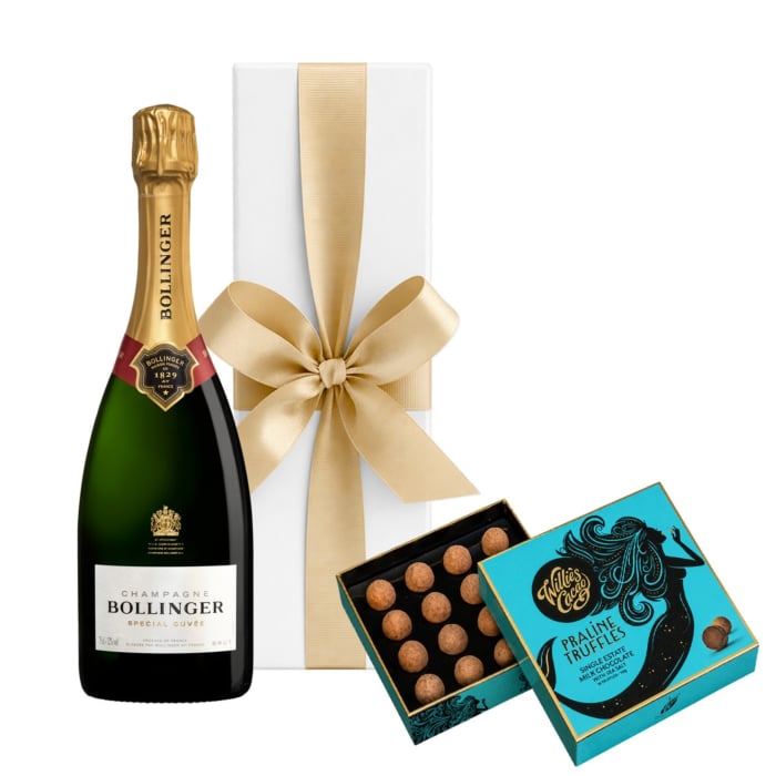Bollinger Special Cuvee Champagne gift box with Willie's Cacao praline milk chocolate truffles