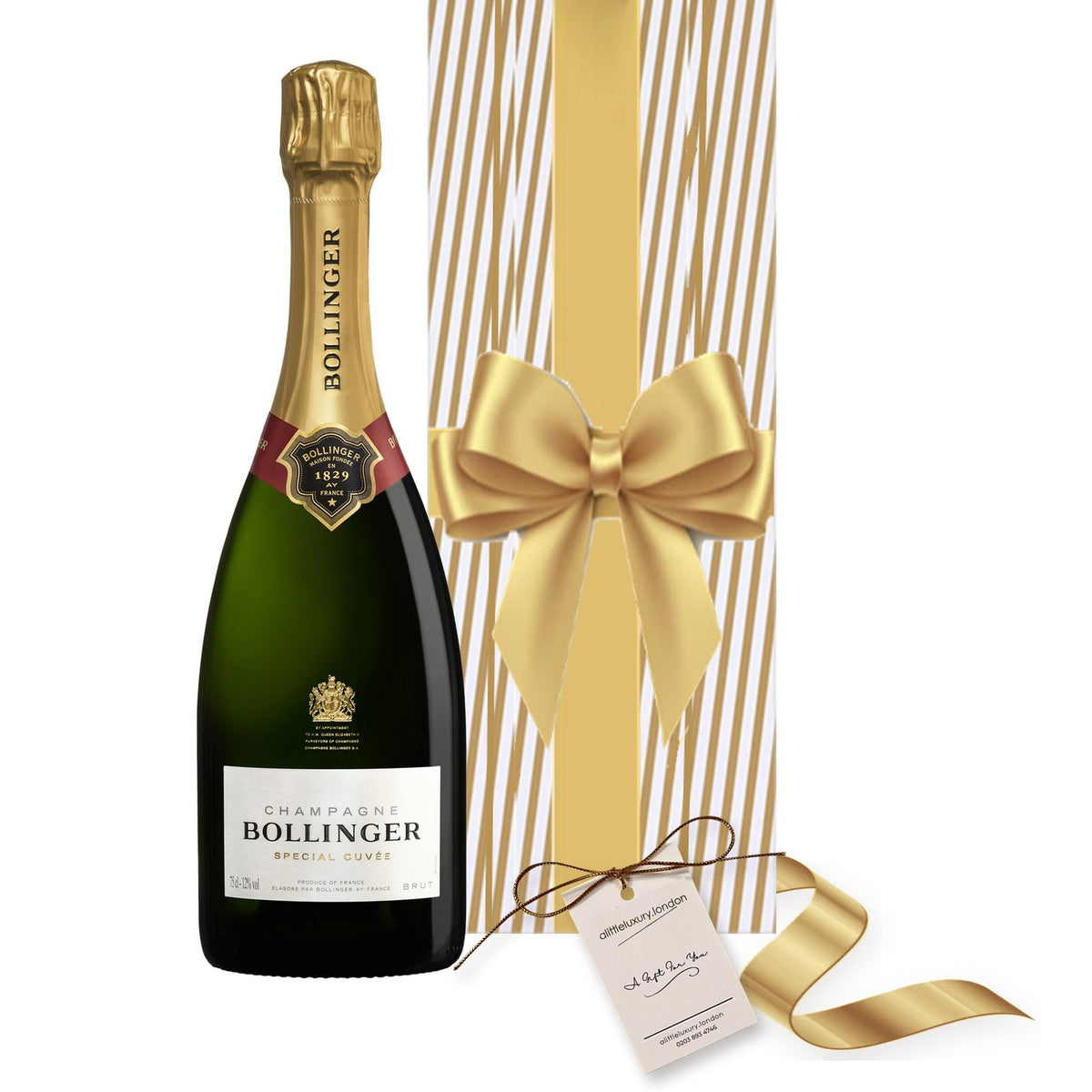 Bollinger Special Cuvée Champagne hand gift-wrapped in Classic Gold Stripe wrap with an A Little Luxury gift tag
