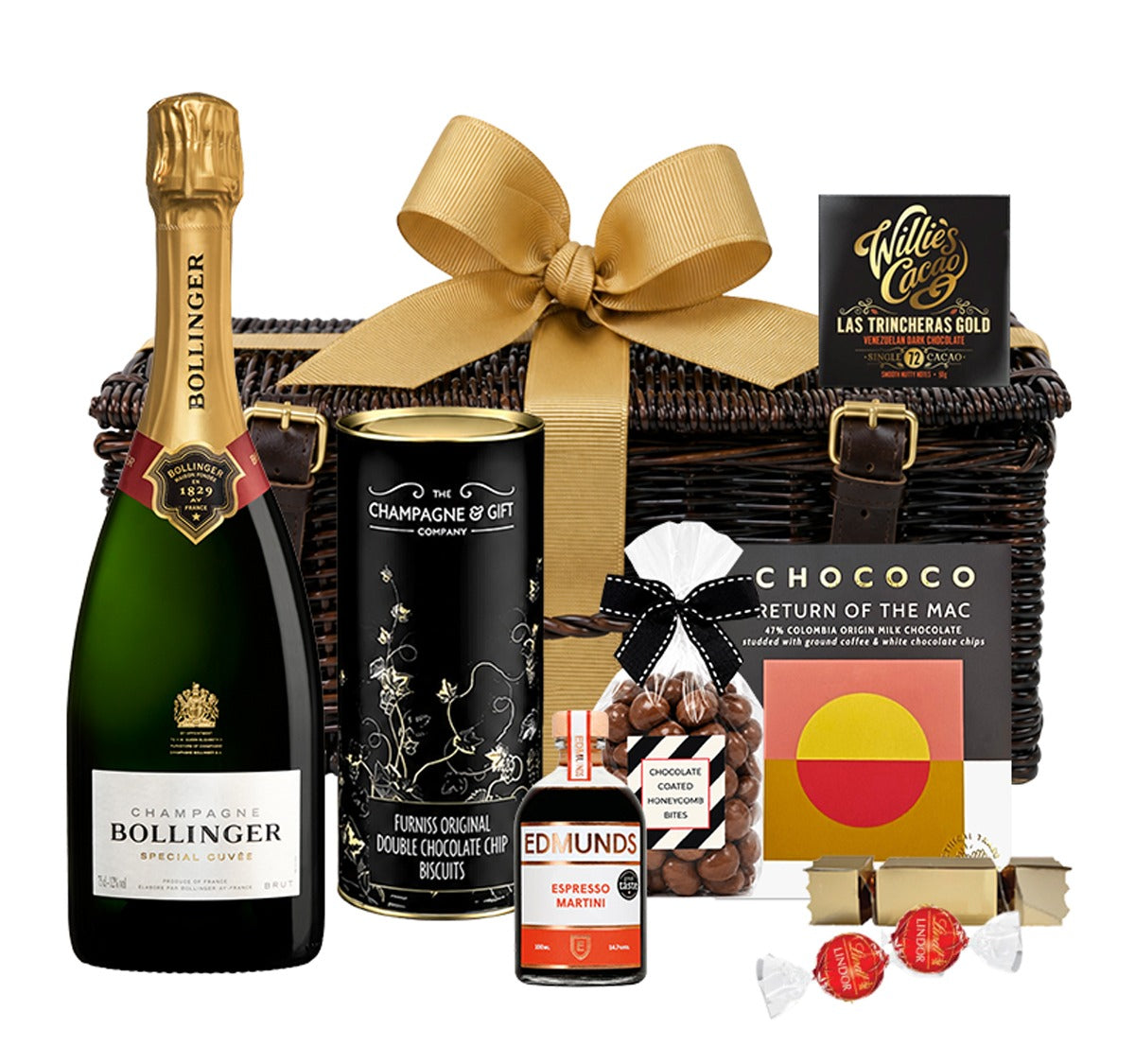 This deluxe hamper starts with Bollinger Special Cuvée Champagne and meets Edmunds Espresso Martini, chocolate & biscuits in a luxury dark wicker hamper. All beautifully presented with a large gold bow and a gold chocolate cracker.