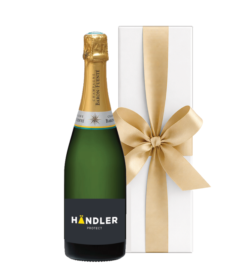 Corporate branded Grande Réserve Champagne with your company logo on the label, presented in a luxury white corporate gift box