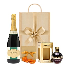Personalised Champagne with Chambord and chocolate hearts, wooden box