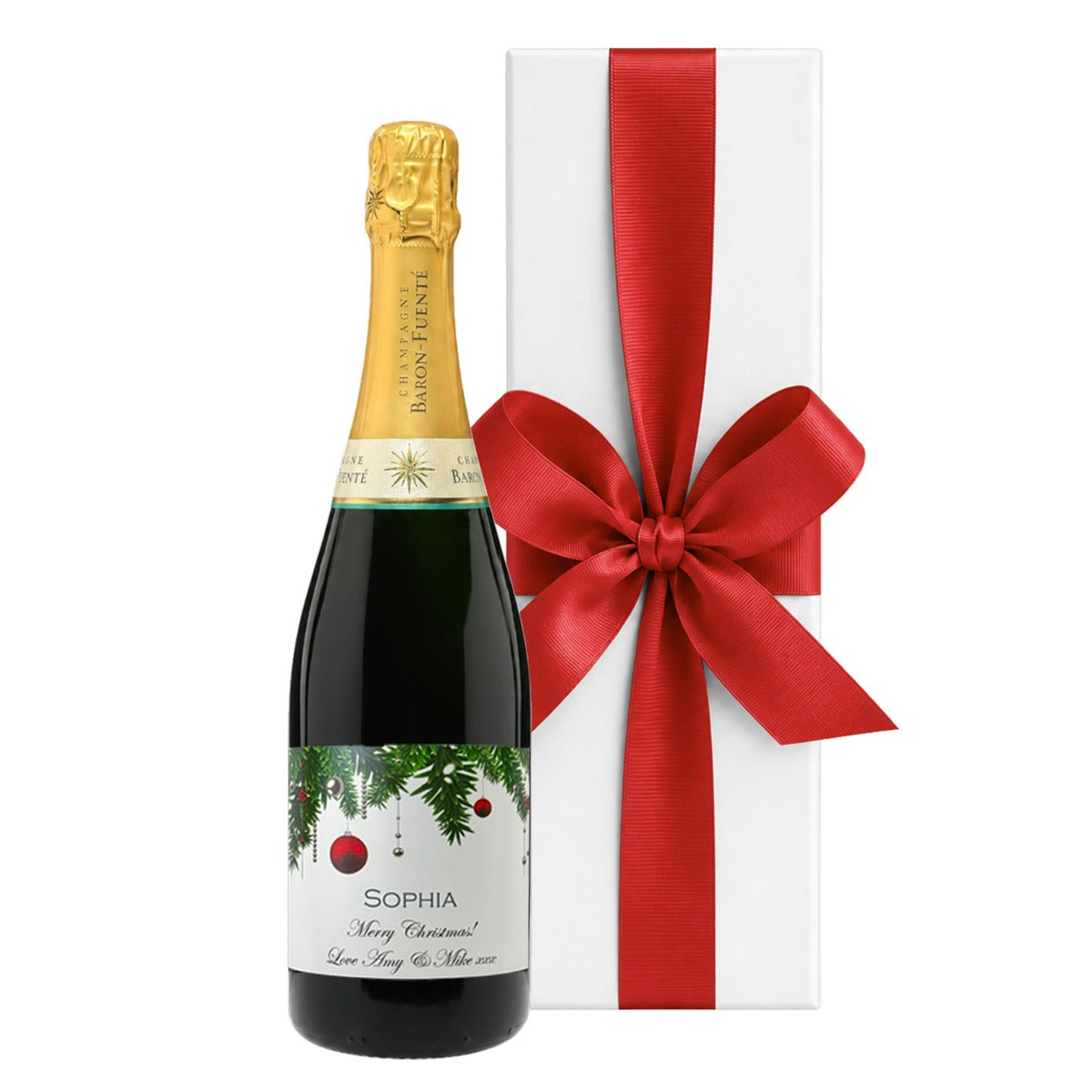 Personalised Christmas Champagne Classic Cuvée with festive label in a luxury white gift box with large ribbon