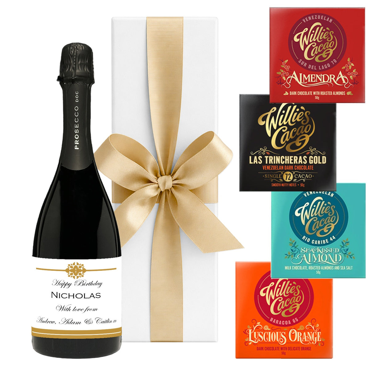 Personalised Prosecco & 4 Artisan Chocolate Bars, White Box