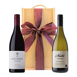 Dog Point Pinot Noir and Mahi Sauvignon Blanc gift duo in a wooden presentation box