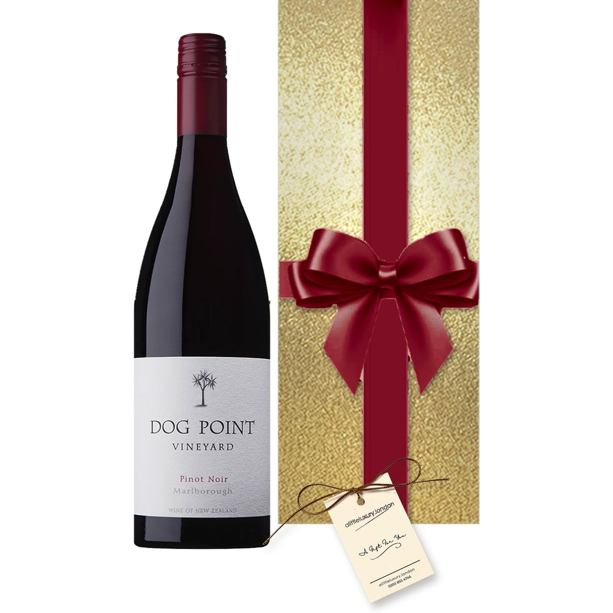 Dog Point Pinot Noir, Marlborough hand gift-wrapped in Classic Gold wrap with an A Little Luxury gift tag
