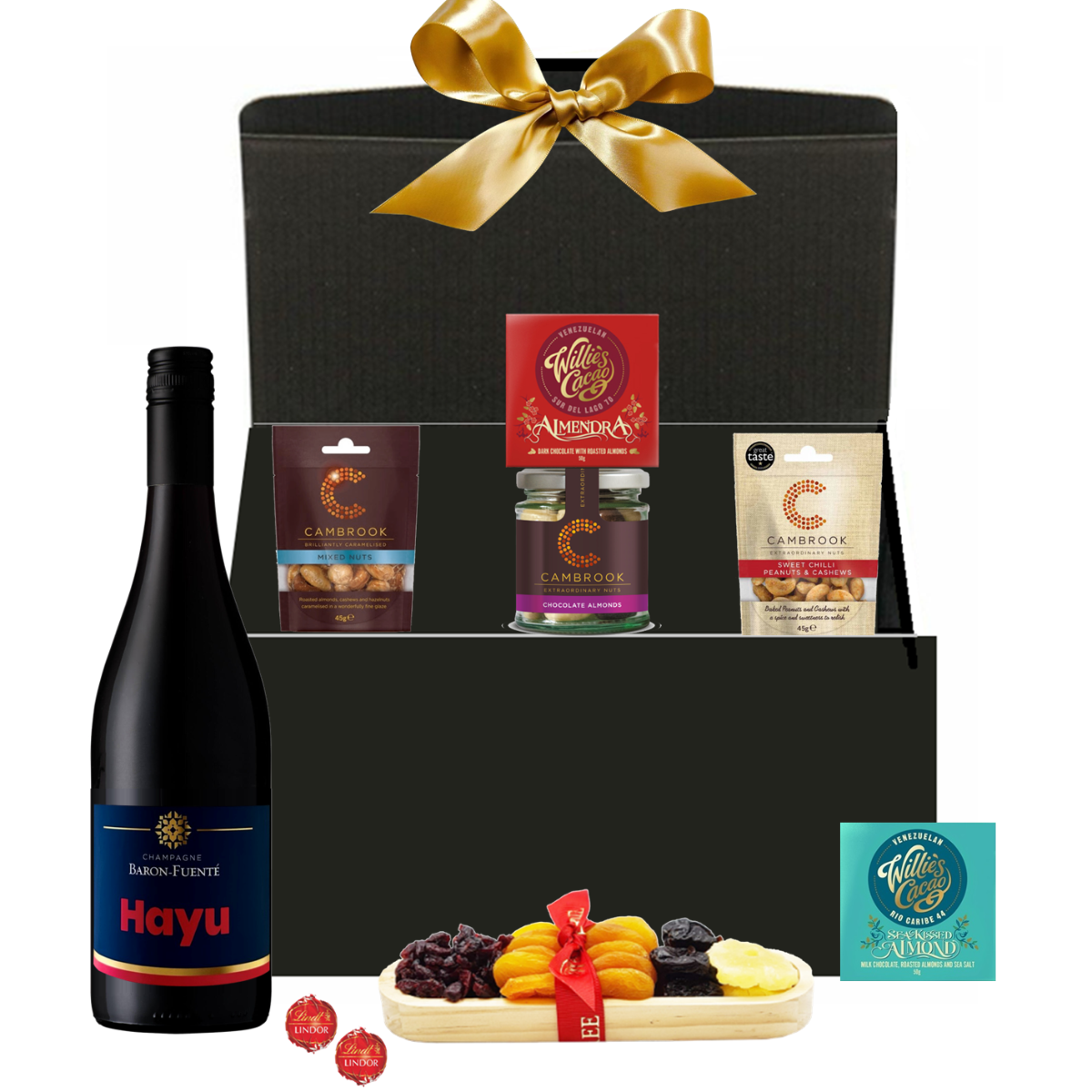 Nuts For You Christmas hamper with a bottle of Cabernet Sauvignon, luxury nuts, dried fruits and Venezuelan chocolates