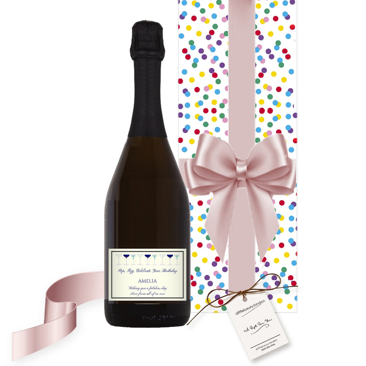 Personalised Prosecco with your own label, hand gift-wrapped in Soft Shades wrap with an A Little Luxury gift tag