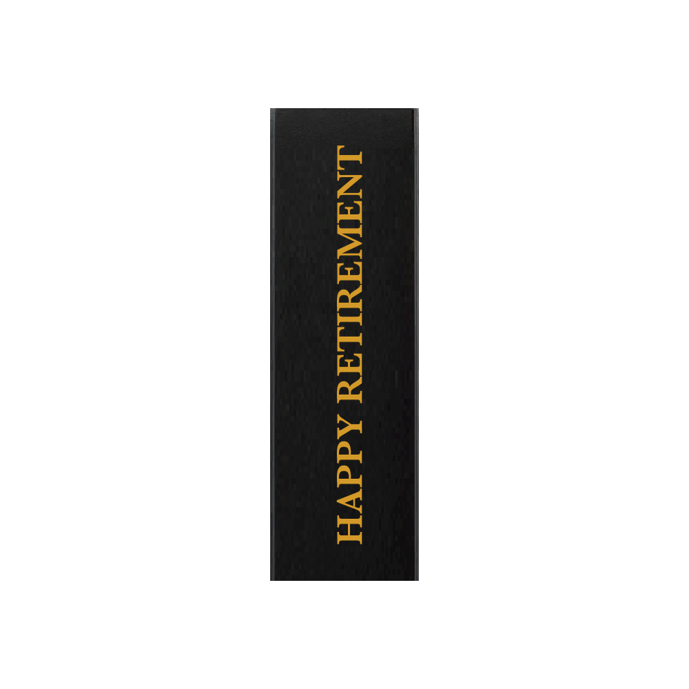 Black gift box with HAPPY RETIREMENT in gold lettering running up the front