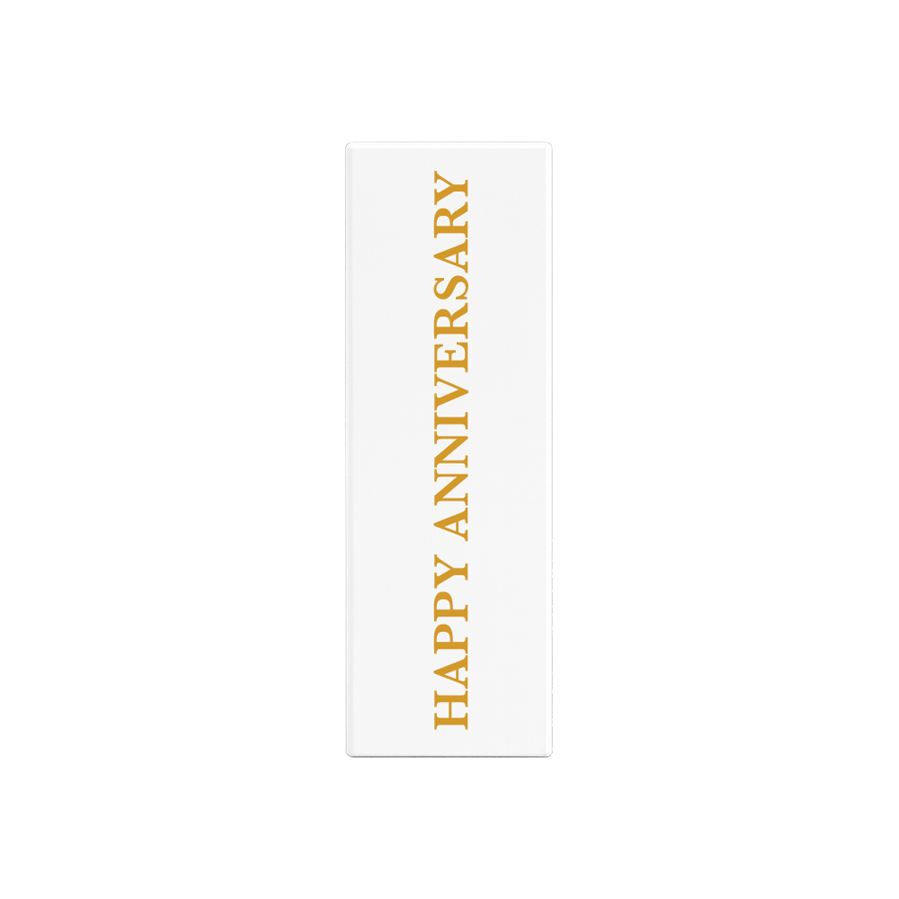 White gift box with HAPPY ANNIVERSARY in gold lettering running up the front