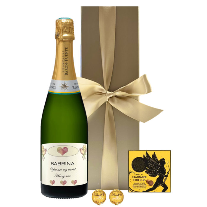 Personalised Champagne & Truffles in Gold Gift Box
