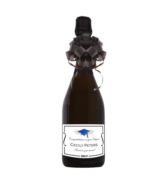 Personalised for a graduation gift with name and message. Prosecco bottle with a graduation label, alternative view.