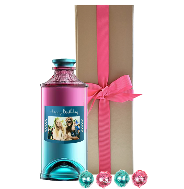 Personalised UKIYO Japanese Blossom Gin with a photo label beside a gold gift box, with Swiss truffles in front