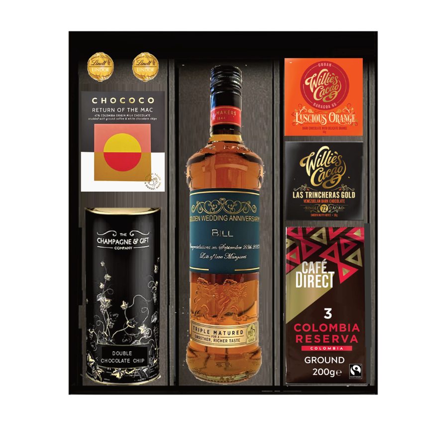 Black gift box with personalised Scotch whisky, Colombian coffee, three artisan chocolate bars, biscuits and Swiss truffles