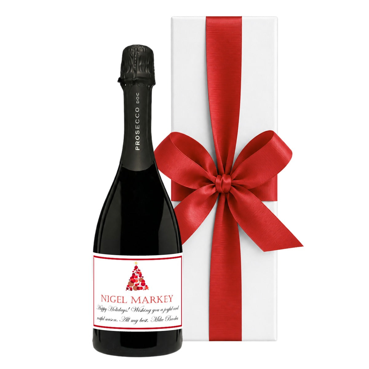 Personalised Christmas Prosecco with festive label and hand-tied bow in a luxury white gift box with large ribbon
