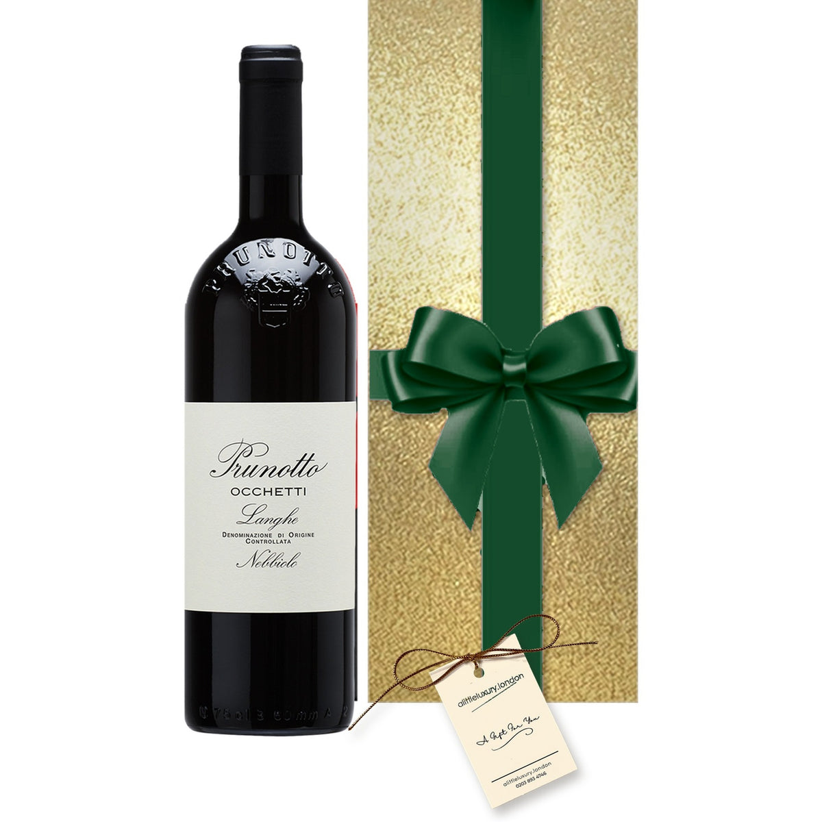 Prunotto Occhetti Langhe Nebbiolo hand gift-wrapped in Classic Gold wrap with an A Little Luxury gift tag