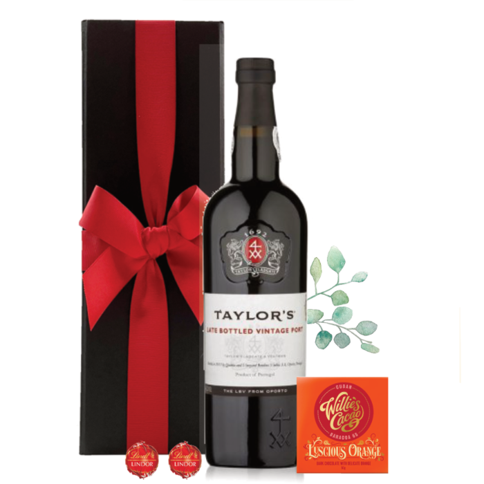Taylor's Late Bottled Vintage Port and chocolates gift set in a black presentation box