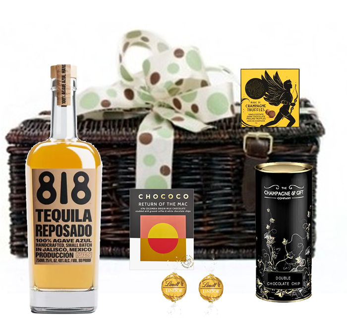 The must-have tequila hamper - wicker hamper with 818 Reposado tequila, crushed coffee chocolate, Venezuelan champagne truffles and chocolate biscuits