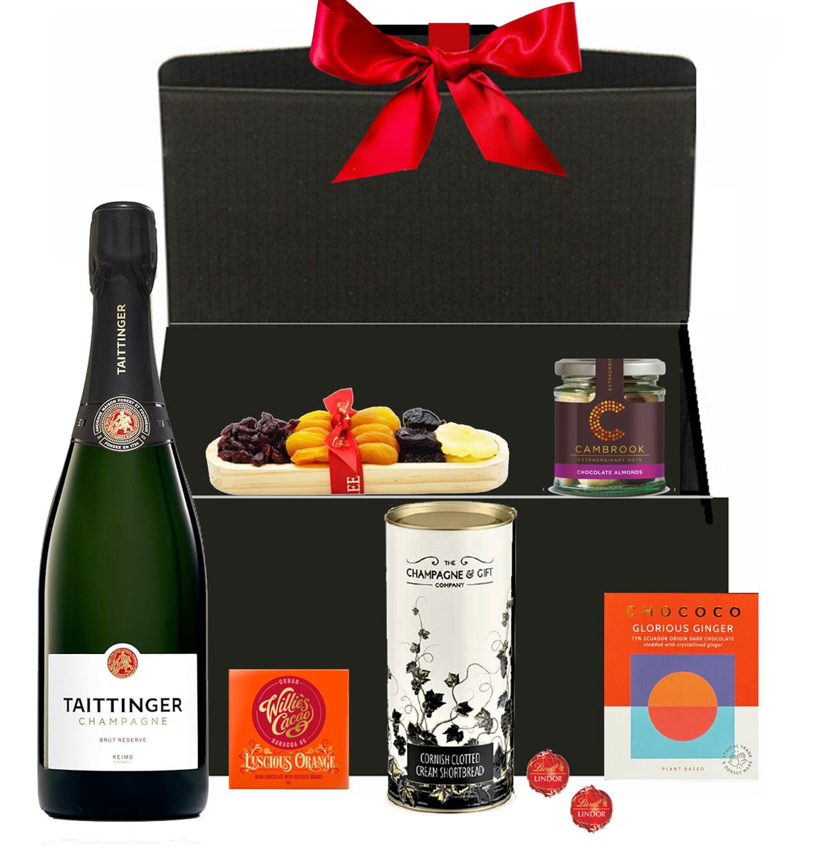 Christmas hamper with personalised Taittinger Brut Réserve Champagne, chocolates, truffles, biscuits and treats in a gift box