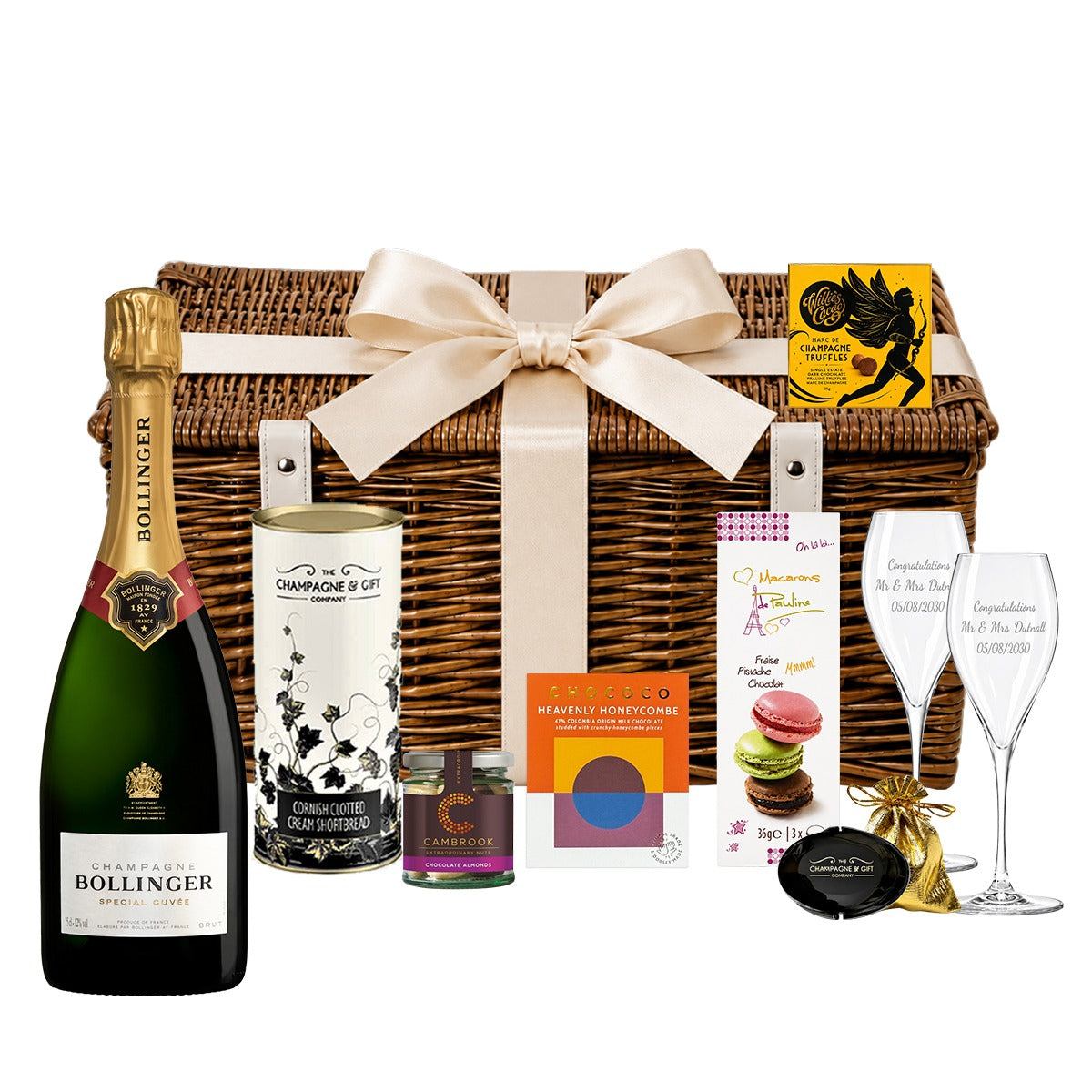 Bronzed wicker hamper with Bollinger Special Cuvée, two engraved Champagne flutes, macarons, truffles and chocolate treats