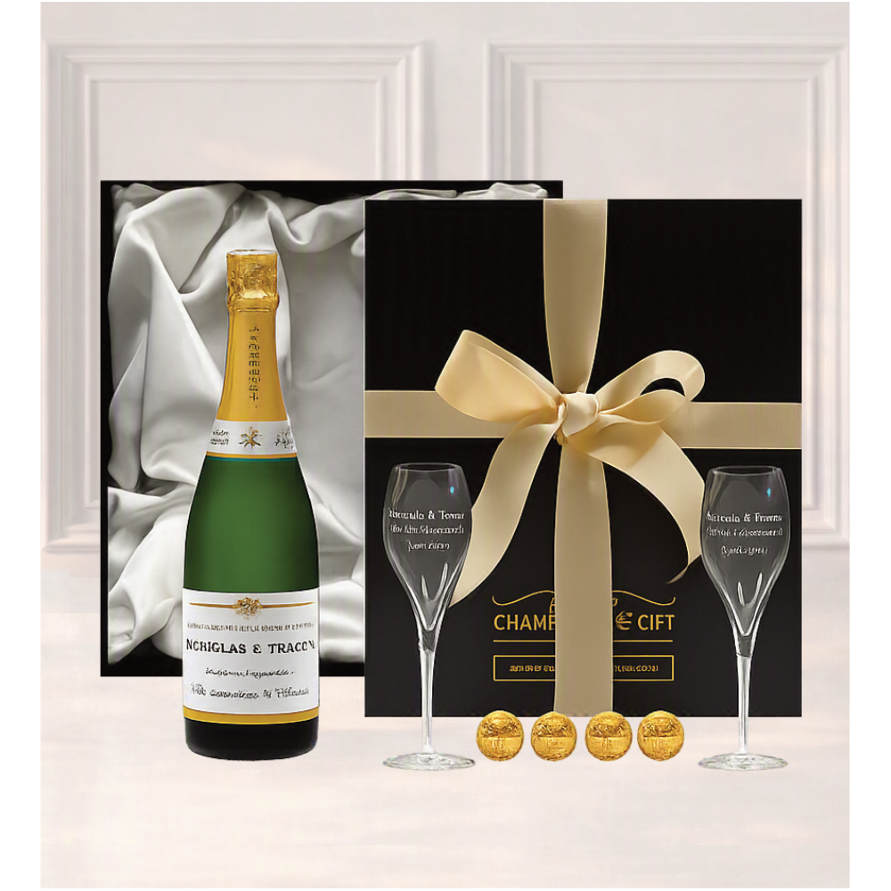 Luxury personalised Champagne gift with two engraved crystal flutes & Swiss truffles. Gift boxed with hand tied bow