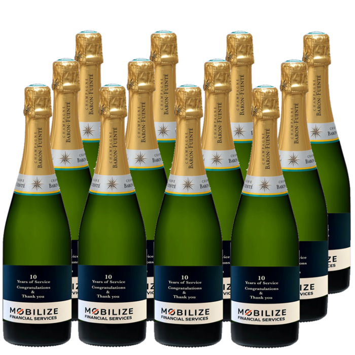 Corporate branded case of twelve Classic Cuvée Champagne Baron Fuenté bottles, each carrying your company logo — a high-end corporate gift case