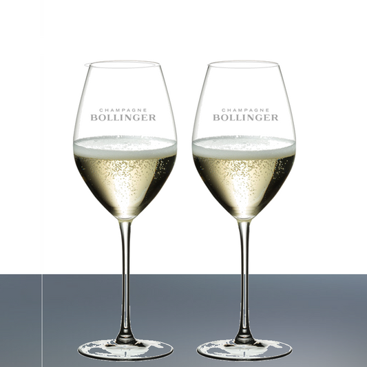 Pair of Bollinger Elizabeth Tulip Champagne glasses with egg-shaped bowls designed to open up Champagne aromas. A must-have gift for Champagne lovers