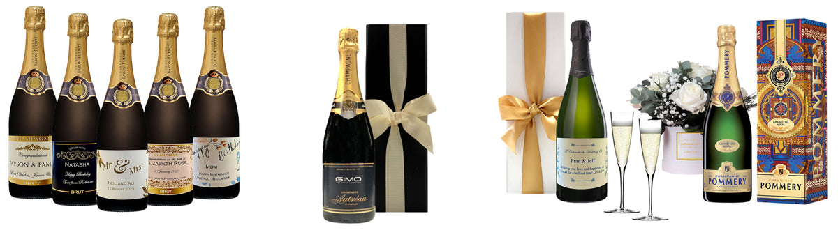 Personalised Champagne bottles with gift boxes, flutes and white flowers