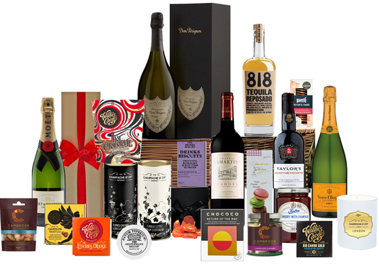Prestige wicker hamper with Dom Pérignon, Veuve Clicquot and Moët Champagne, tequila, port, fine wine and luxury treats