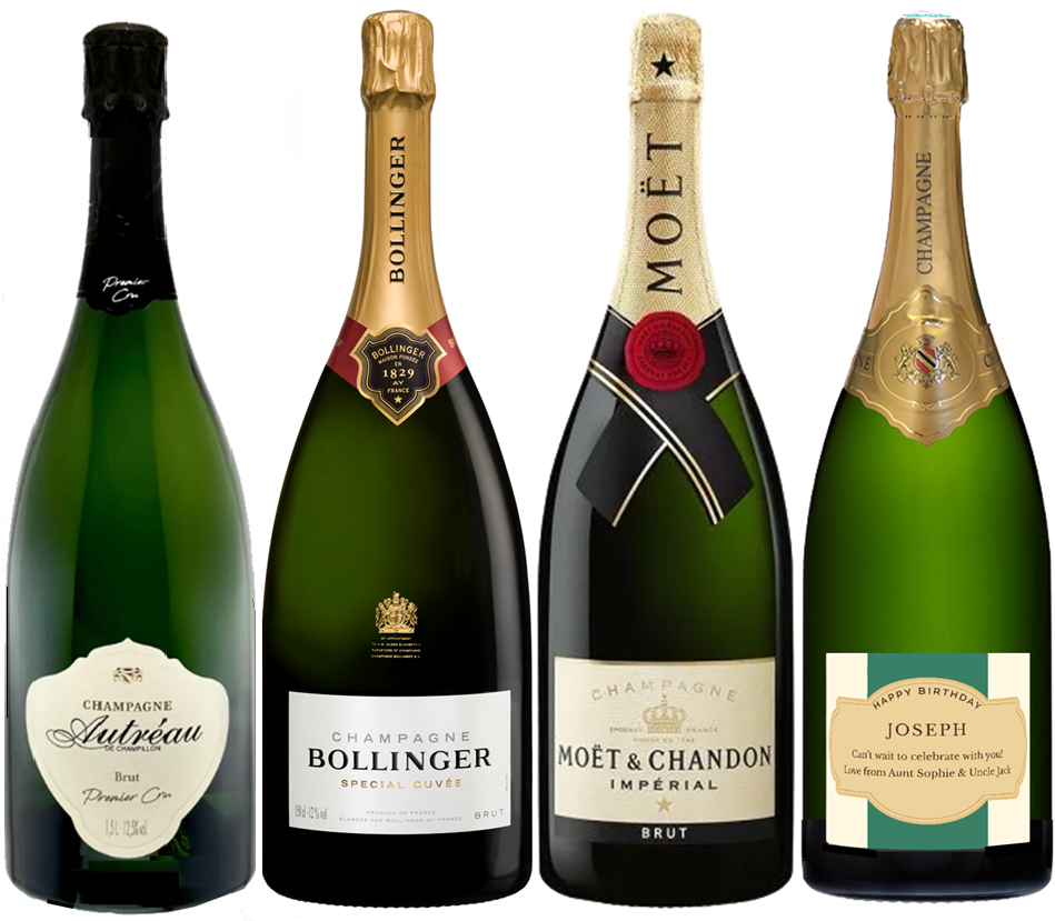 Four Champagne magnums: Autreau Premier Cru, Bollinger Special Cuvée, Moët Impérial and a personalised Grande Réserve