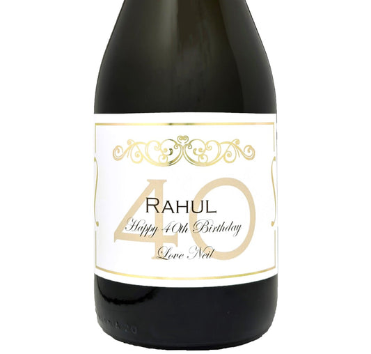 Bottle of Prosecco with a personalised 40th birthday label in gold, showing a name and Happy 40th Birthday message