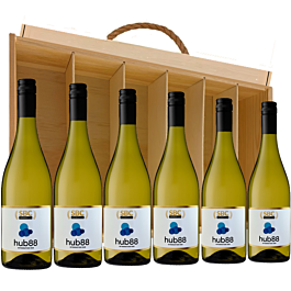 Six bottles of branded St Marc Sauvignon Blanc in a wooden gift box