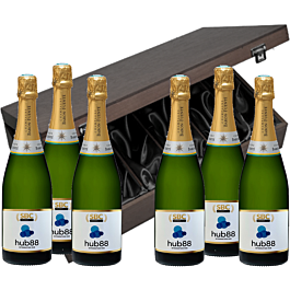 Deluxe corporate champagne gift - case of six Champagne bottles branded with company logo, presented in a luxury velvet-lined dark elmwood gift box