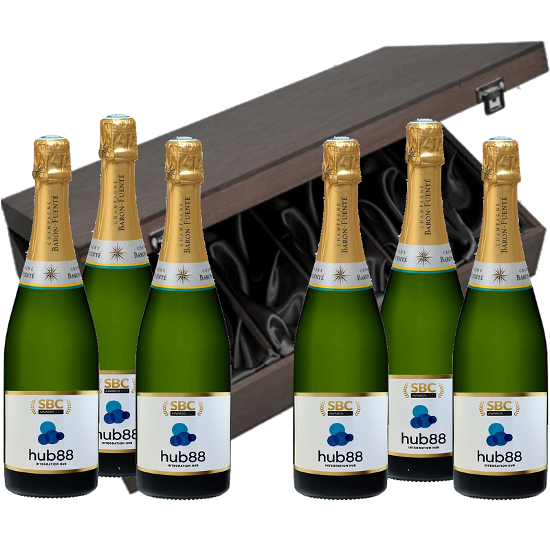 Champagne branded with logo. Six bottles of Champagne with your company logo, in a luxury velvet-lined dark elmwood corporate gift box.