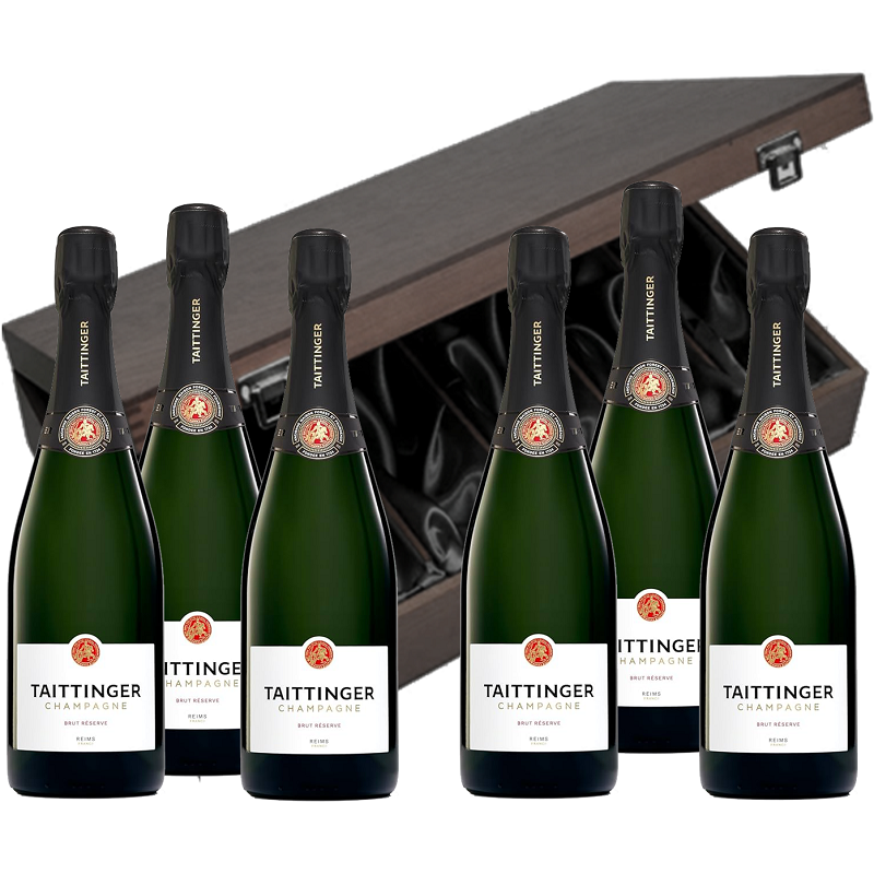 Six personalised Taittinger Champagne bottles in a dark elmwood silk-lined gift box, a luxury Champagne gift set.
