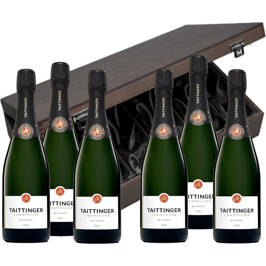 Six personalised Taittinger Champagne bottles in a dark elmwood silk-lined gift box, a luxury Champagne gift set.