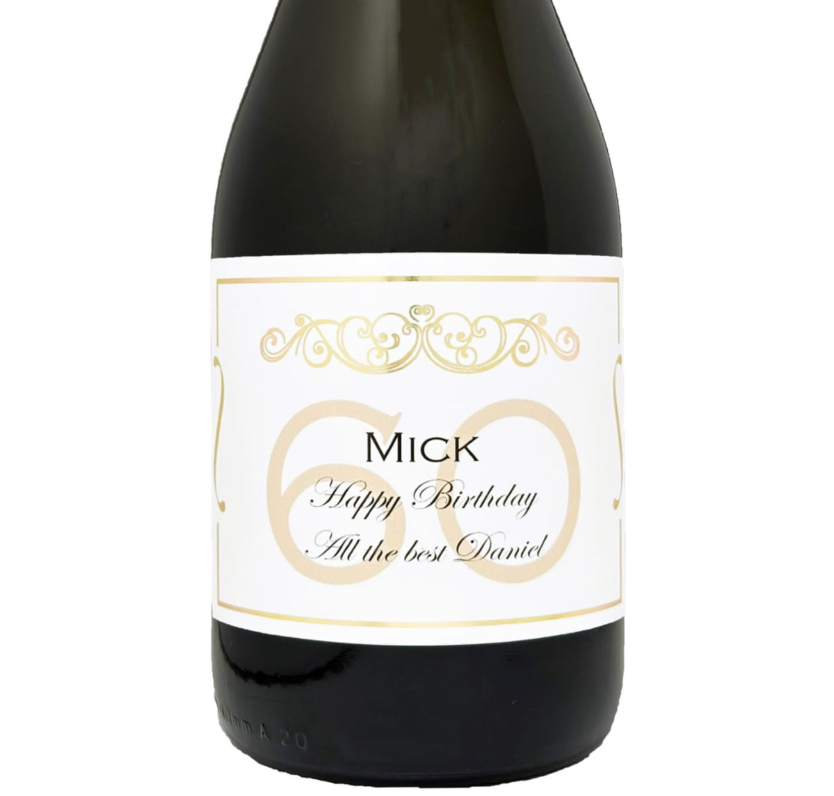 Bottle of Prosecco with a personalised 60th birthday label in gold, showing a name and Happy 60th Birthday message