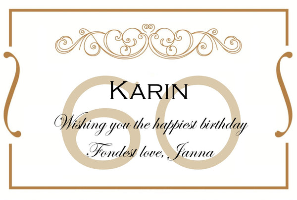 60th birthday Champagne label with a gold '60', graceful scroll frame and your own birthday wishes in script