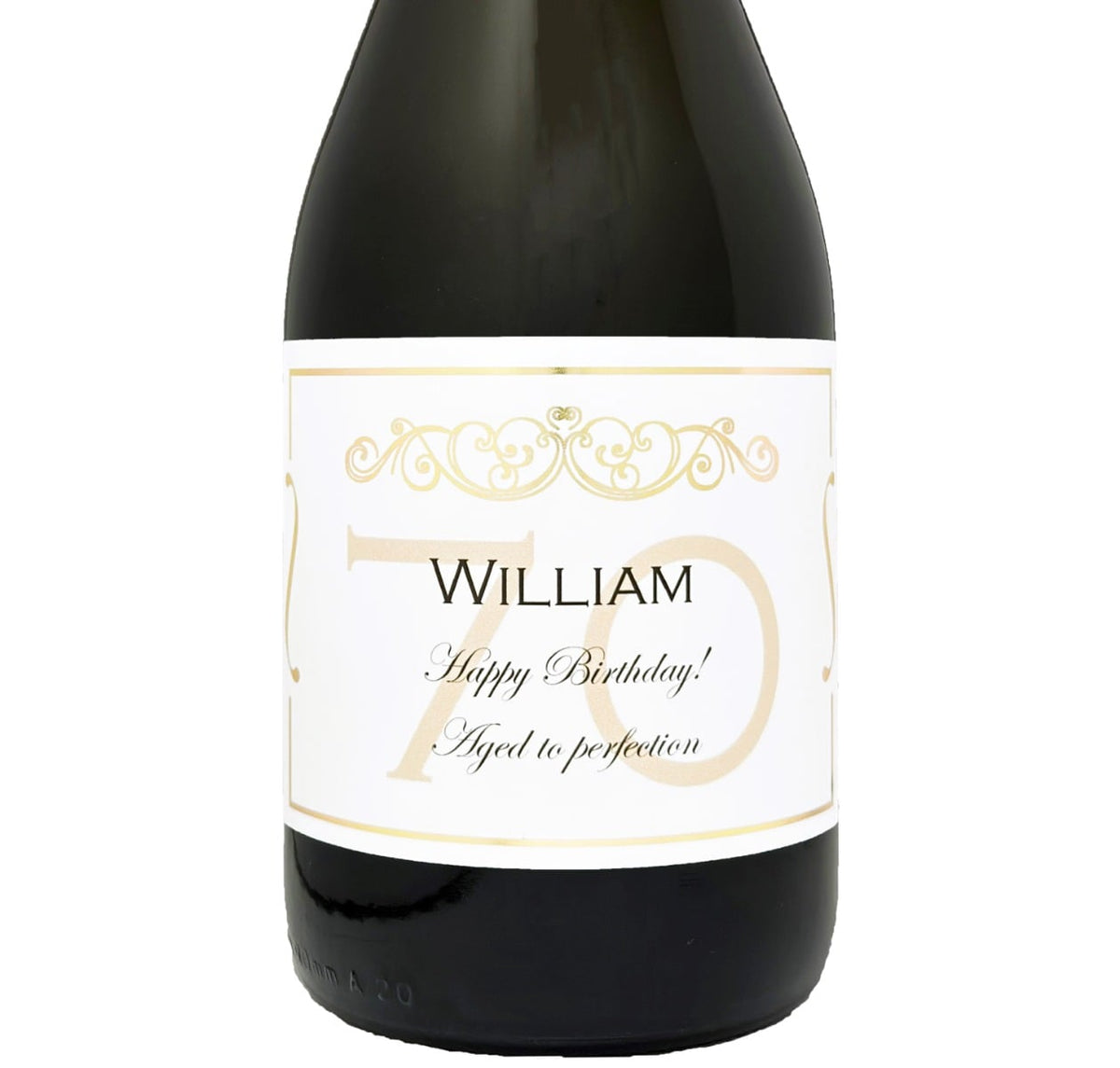 Bottle of Prosecco with a personalised 70th birthday label in gold, showing a name and Happy 70th Birthday message