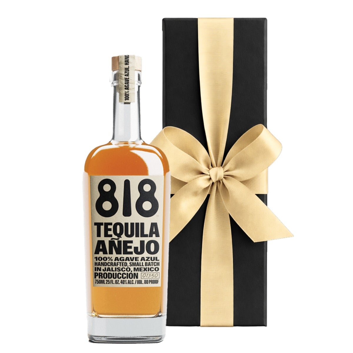 Bottle of 818 Añejo Tequila beside a luxury black gift box, a rich oak-aged tequila gift